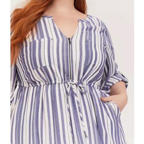 Torrid Blue & White Stripe Zip Front Drawstring Shirt Dress Size 1X - Picture 3 of 13